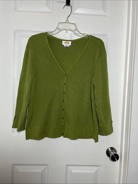 Talbots Olive V-Neck Button Cardigan 3/4 Sleeve
